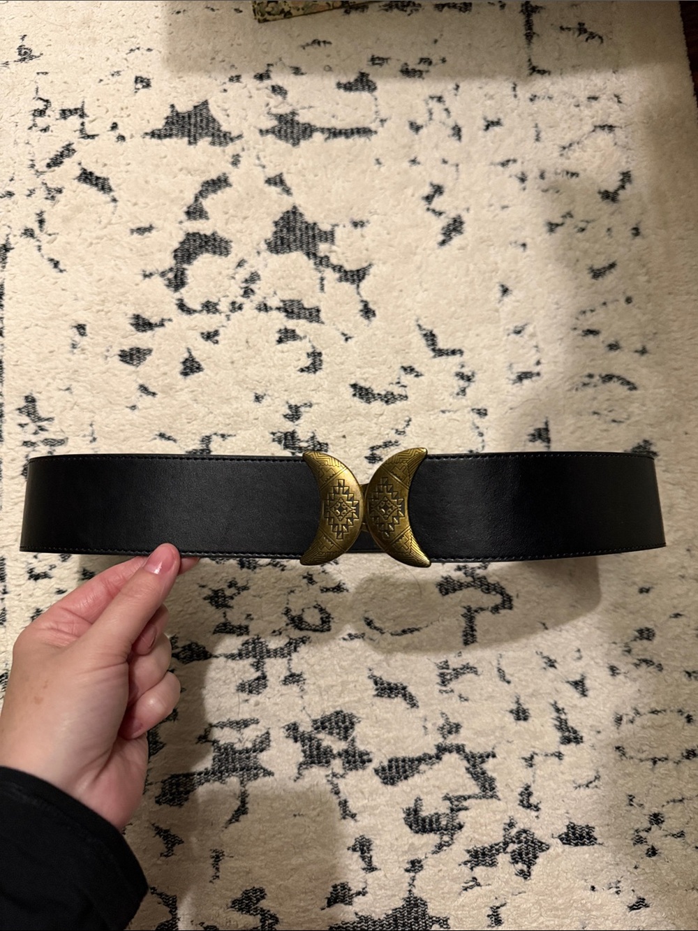 Wide Black Leather Waist Belt with Antique Style Gold Moon Buckle
